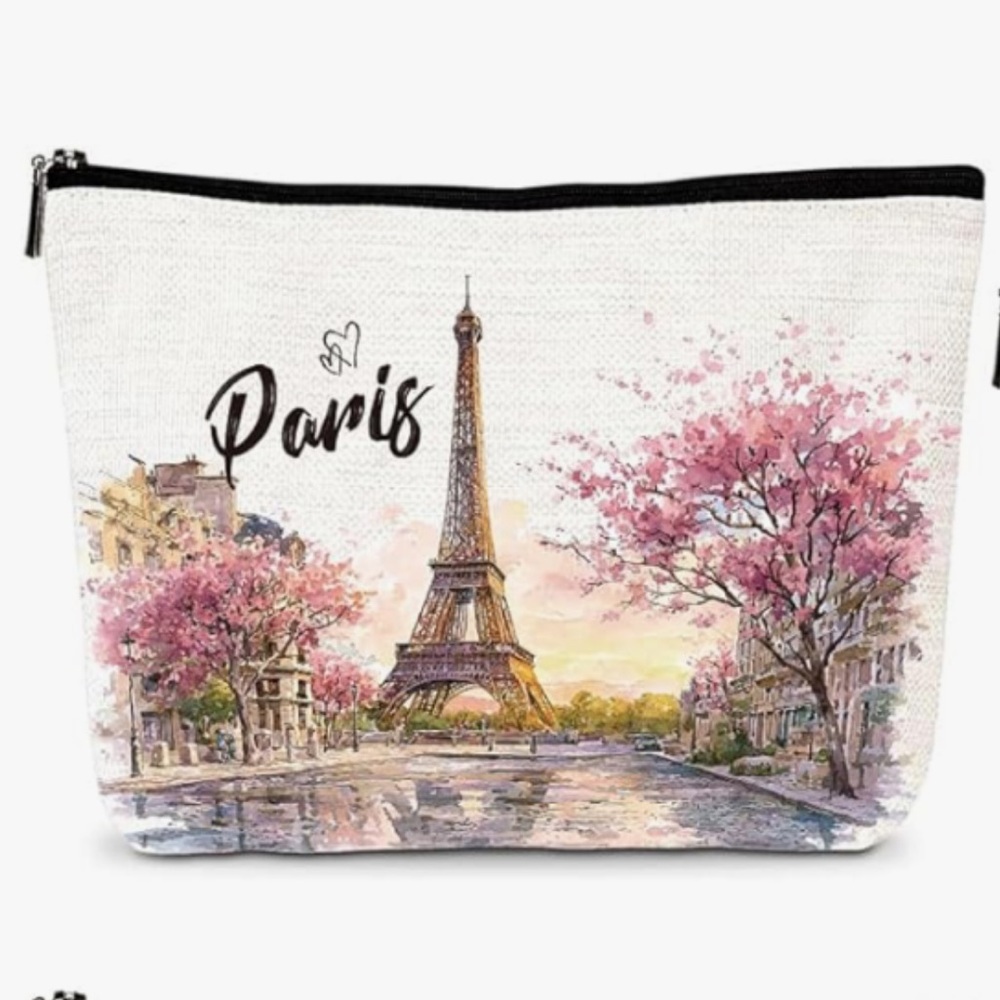 🇫🇷 Parisian Watercolor Full Zip Canvas Pouch Bag Cherry Blossoms NWT